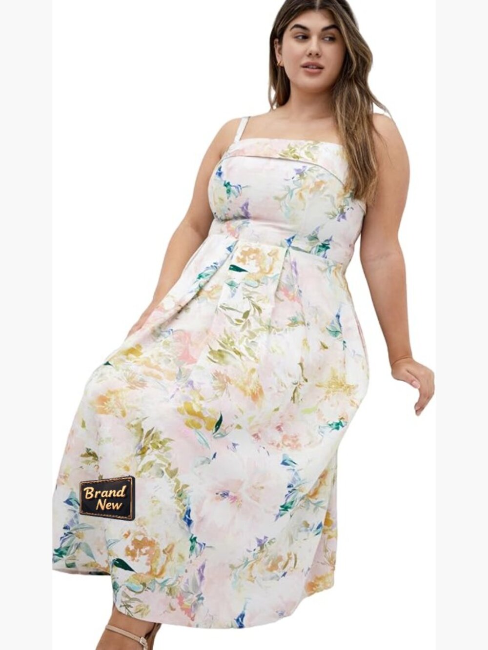Plus Size Floral Linen Midi Dress Square Neck Sleeveless A-Line